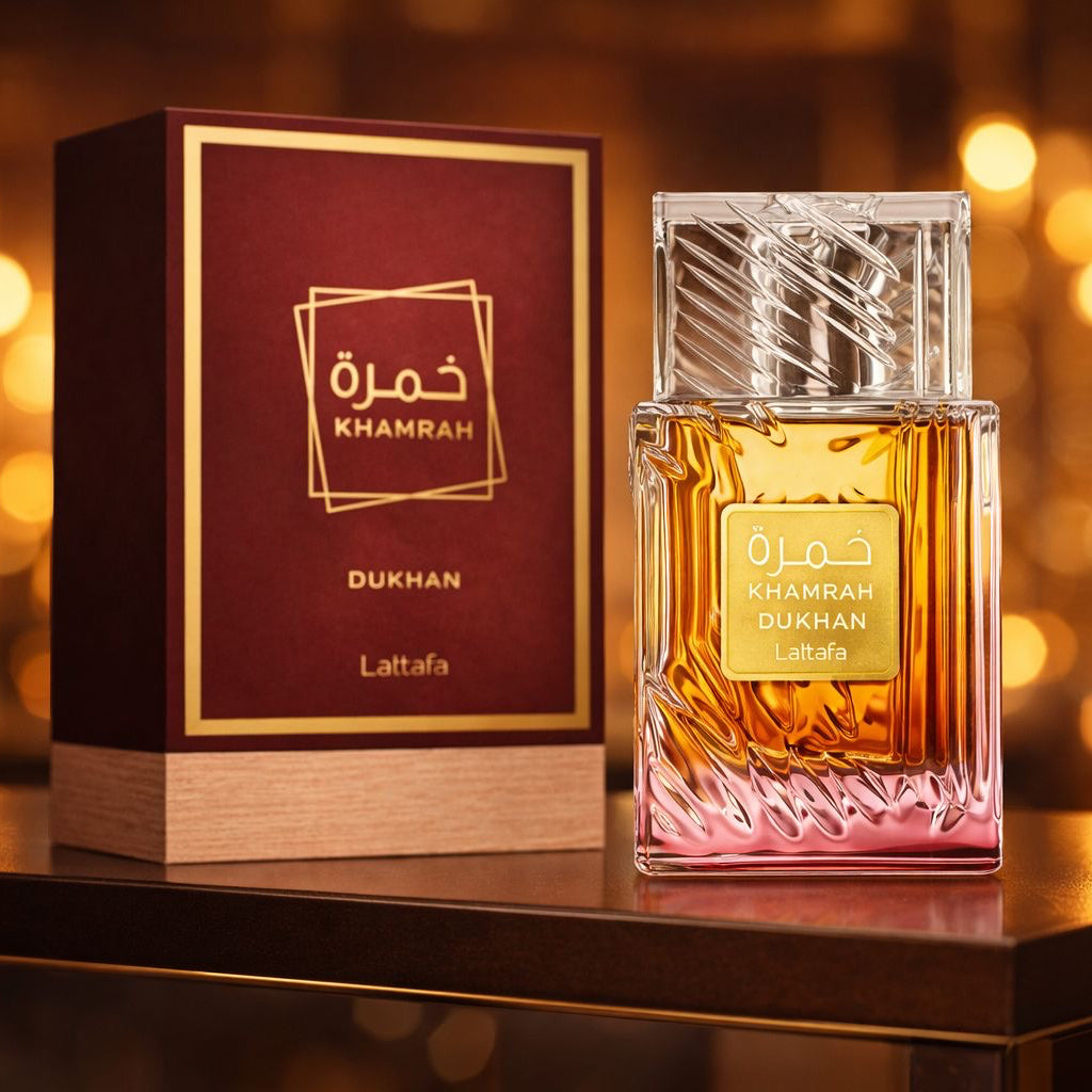 Lattafa Khamrah Dukhan Lattafa, un parfum oriental intens, dulce-fumat, persistent, care durează ore întregi.